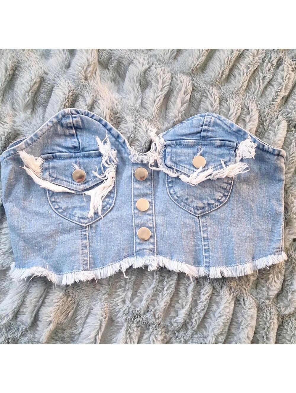 Nwt H & Y Collection Denim Strapless Crop Top Size Medium